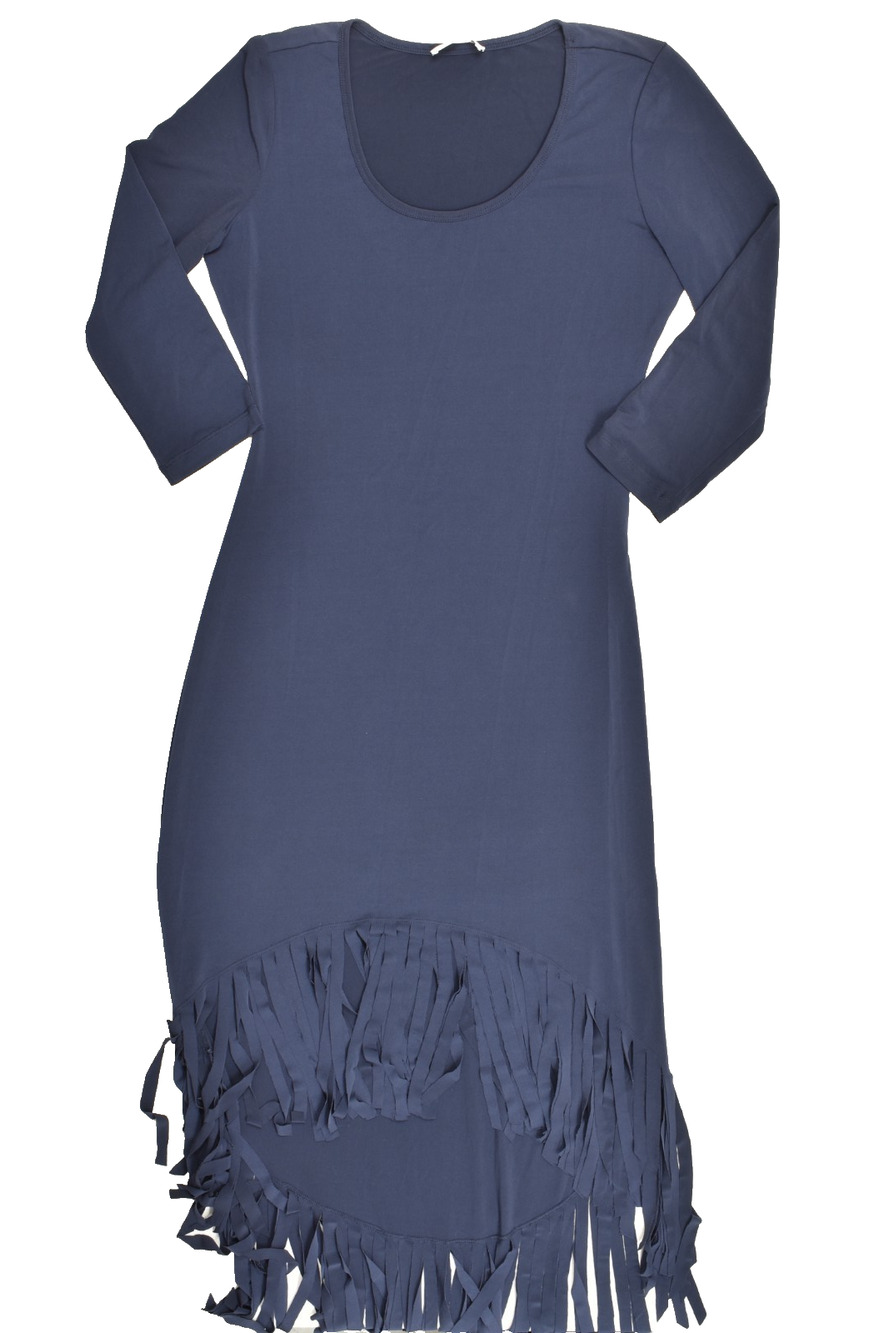 Calvin Klein Women Blue Midi Dress 3/4 Sleeve Scoop Neck Fringe Hem Size Medium